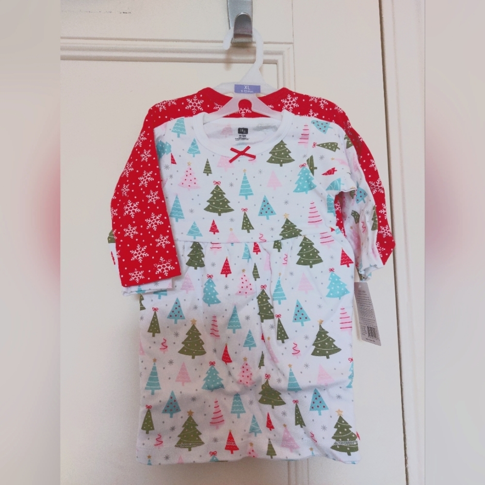 NEW 9-12m Baby Girl Dresses Christmas Sparkle Trees White Red Cotton Hudson Baby